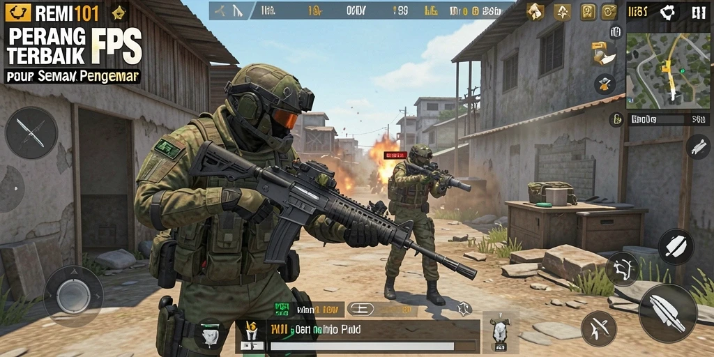 Tangkapan layar gameplay REMI101 yang menunjukkan aksi pertempuran FPS.